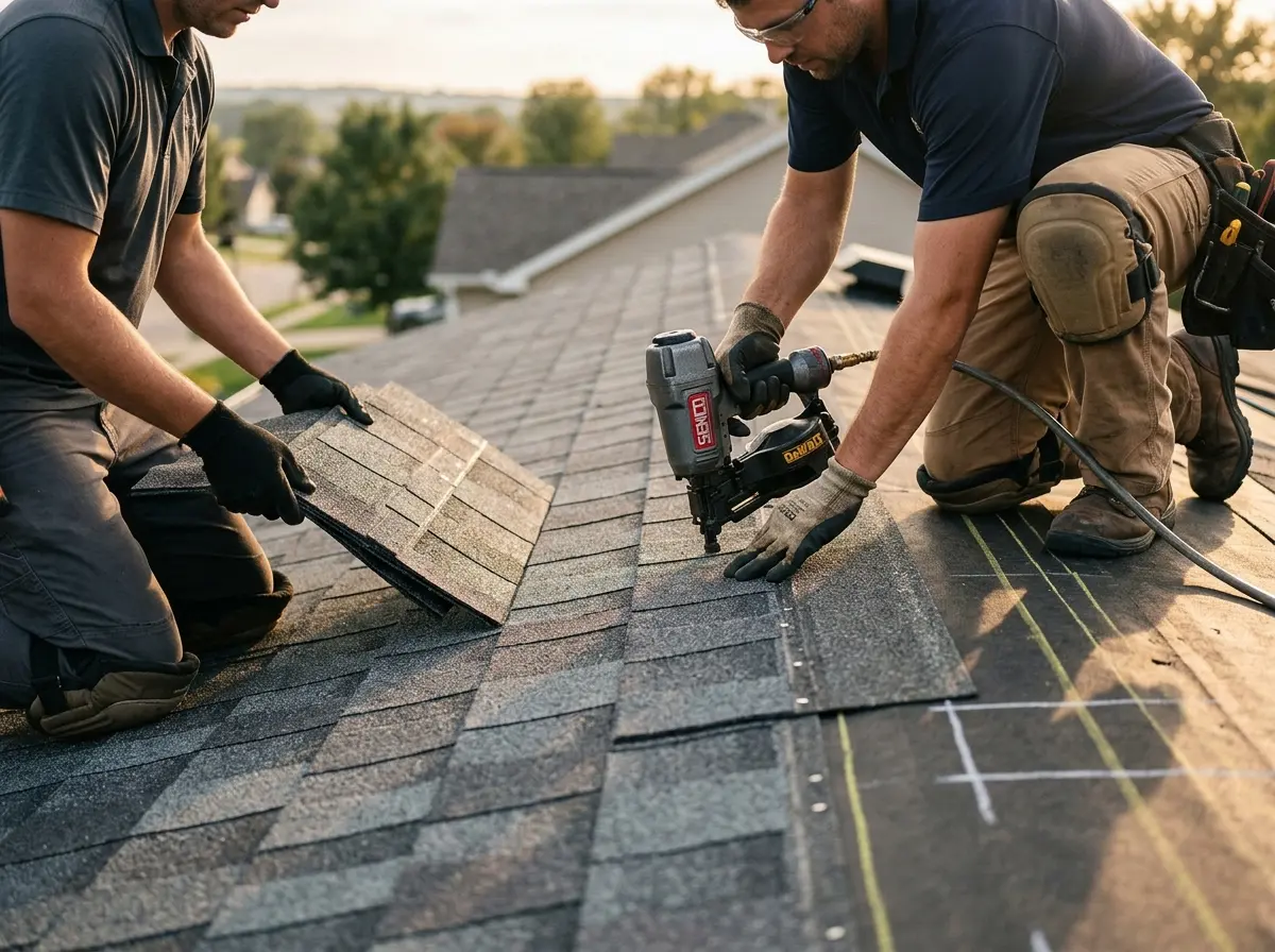 Professional roofer working on a residential roof in Grayling